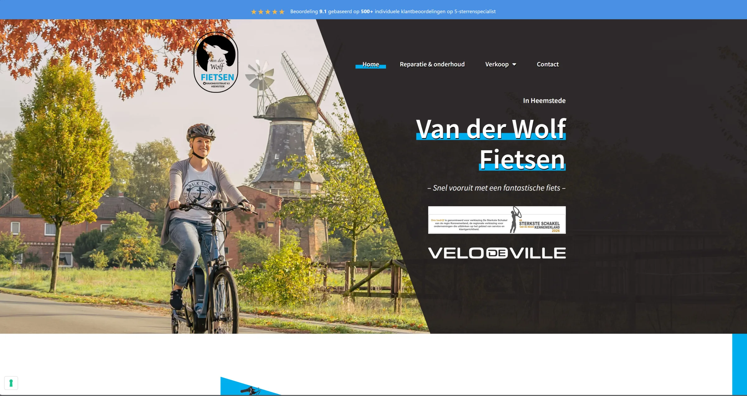 Desktopweergave van de homepage van VanderWolf Fietsen